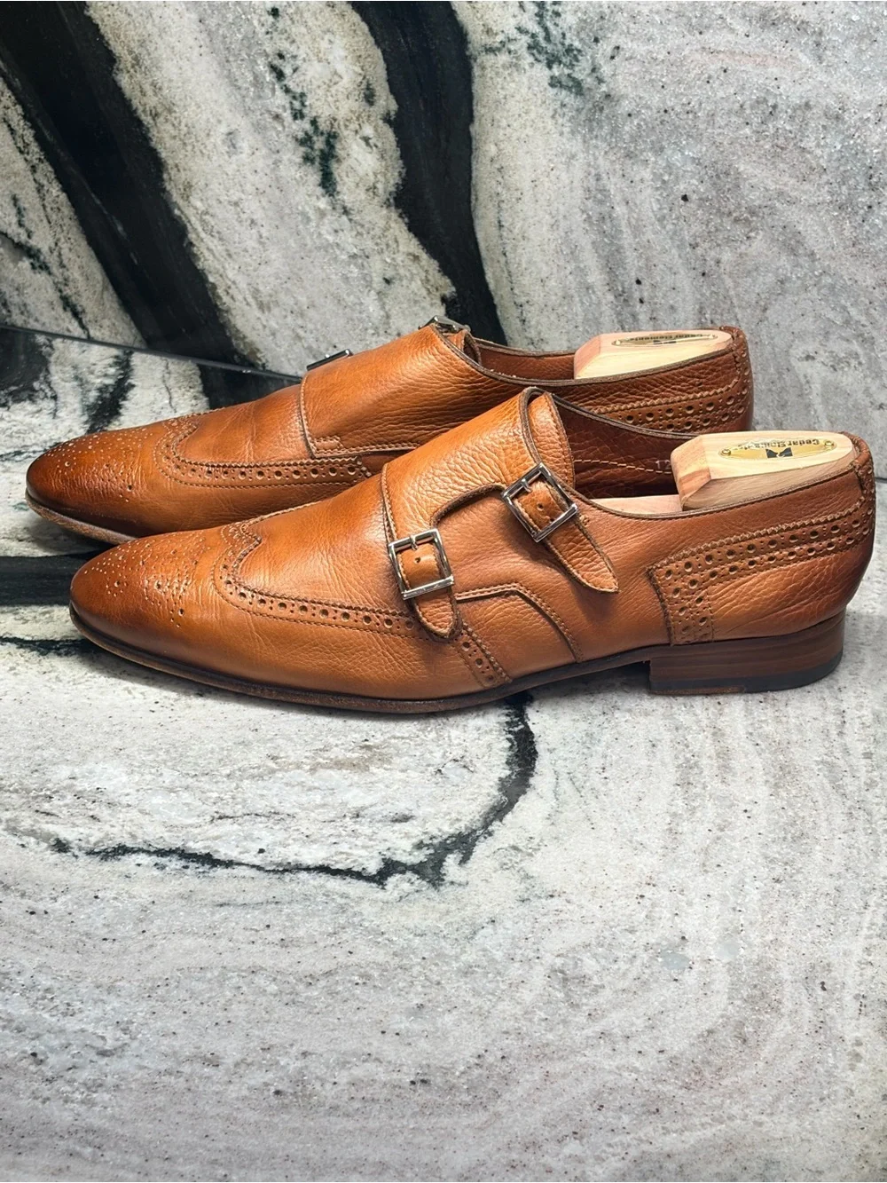 Santoni Fatte a Mano Double Monk Brown Grained Leather Shoes UK 9 US 11 Italy